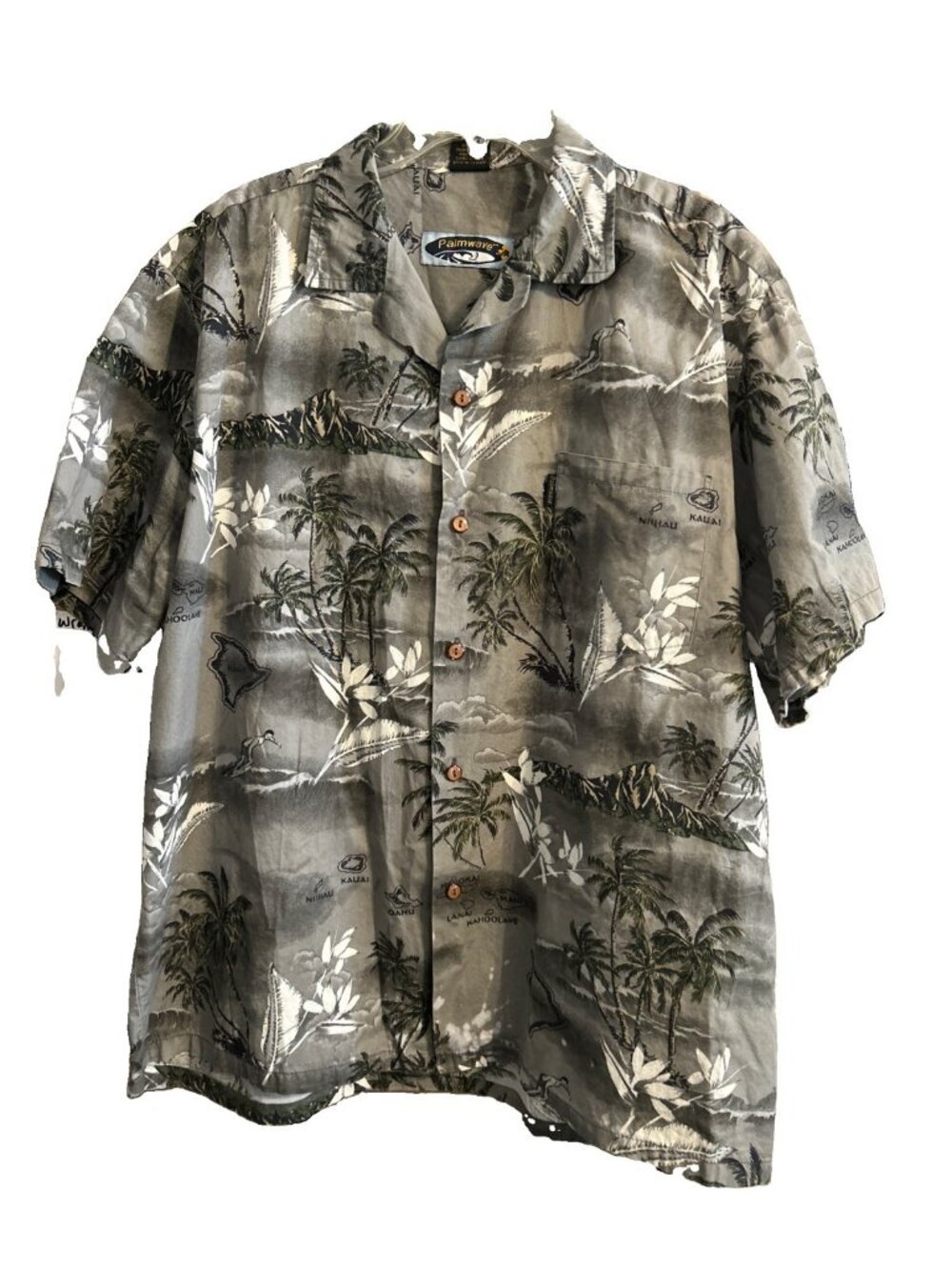 Palmwave Hawaiian Button Down Short Sleeve Shirt XXL Cotton Gray Tropical Palms